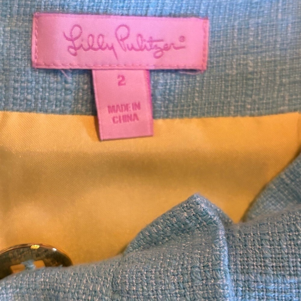 Lilly Pulitzer Blue Linen Blend Ruffle Faux Wrap‎ Mini Skirt Gold Buttons Size 2 - Picture 4 of 6